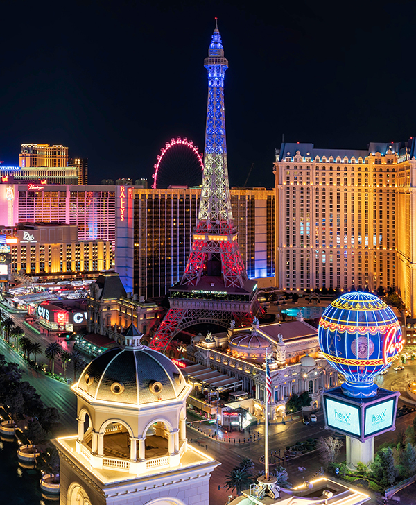 Las Vegas, NV pictured at night—an ideal destination for custom casino travel from Winston-Salem, NC