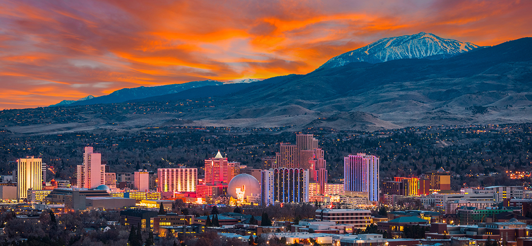 Reno Nevada skyline at night as seen from a Grand America Casino Junket Tour operating out of North Carolina, South Carolina, Virginia, Eastern Tennessee and Florida