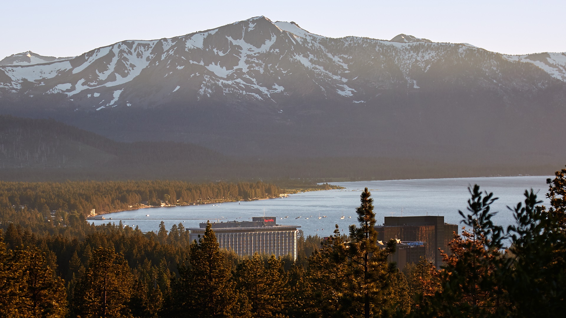 Harrah's Casino & Resort with Lake Tahoe in the background